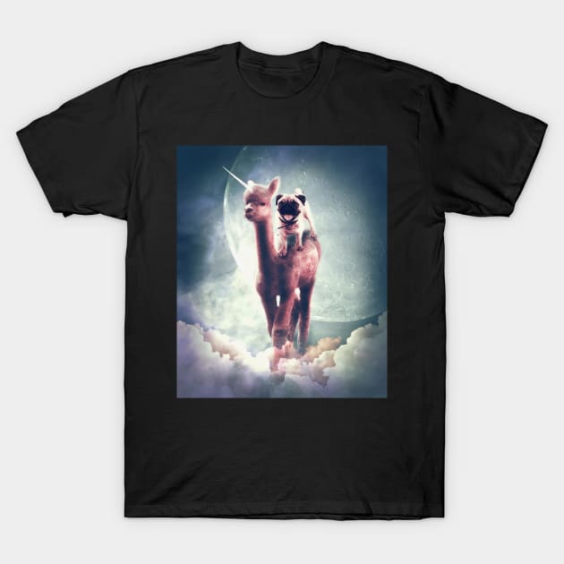 Funny Space Pug Riding On Alpaca Unicorn T-Shirt by Random Galaxy